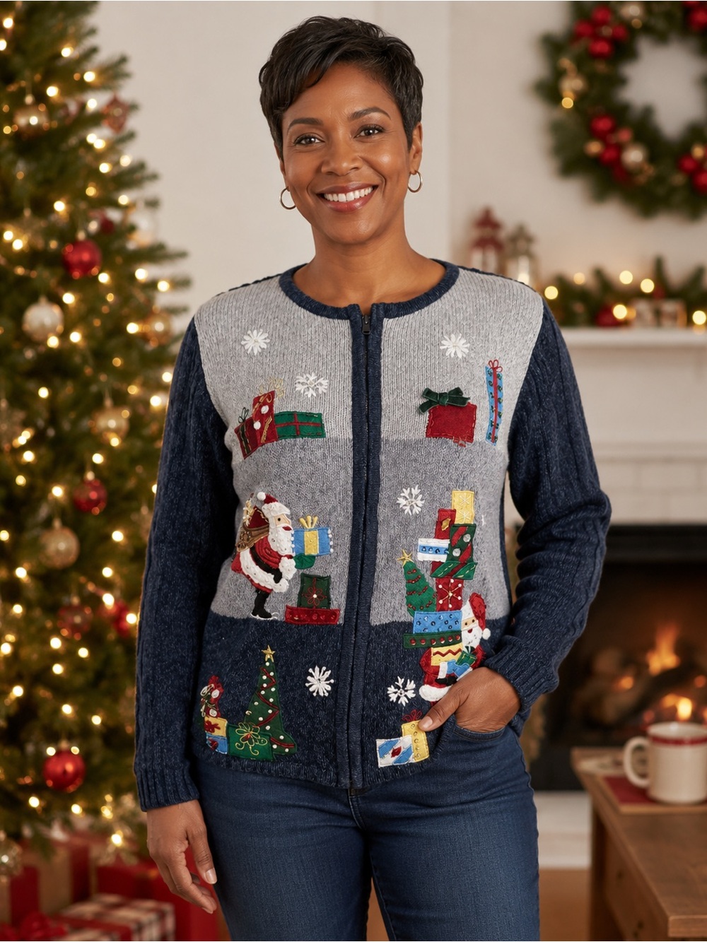 Tiara International Ugly Christmas Collection Blue Gray Zip Sweater Beaded - XL